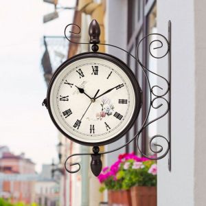 Horloge de Gare Noire &agrave; Double Face avec Support Style R&eacute;tro Grand Horloge de Station New York Horloge Metal pour Salon