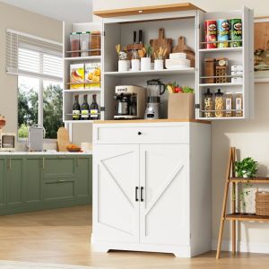 Buffet Haut de Cuisine Blanc avec Plateau Effet Bois 12 Compartiments et &Eacute;tag&egrave;res Ouvertes - Meuble en MDF et M&eacute;tal 80x40x180 cm