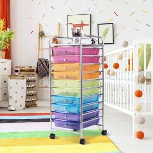 COSTWAY Tour de Rangement &agrave; Roulettes - 10 Tiroirs 325 x 37 x 86 CM Format A4 et Lettre de Couleur Color&eacute;