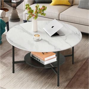 Table Basse Ronde Marbre Salon - Table Café Industrielle Design Table Basse Blanche Moderne pour Salon Bureau Café - 80x48cm