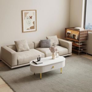 Table Basse Ovale - 108x50x40cm - avec 2 Tiroirs Pieds/Poign&eacute;es Dor&eacute;s - &Eacute;l&eacute;gant - Finition Blanc Laqu&eacute;