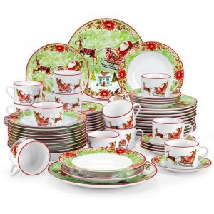 VEWEET Vaisselle 60 pcs Tra&icirc;neau &agrave; Cerfs de No&euml;l en Porcelaine avec Ensemble Assiette Tasse &agrave; caf&eacute; et Soucoupe -pour 12