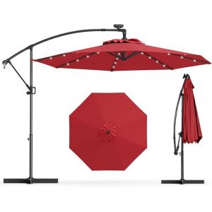 Parasol Déporté Ø3M - GOPLUS - Parasol pour Terrasse - Parasol Inclinable - 32 LED - Rotatif à 360° - Pied en Croix - Rouge
