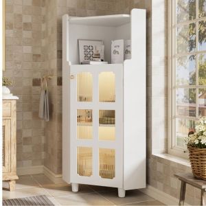 Vitrine-argentier Dangle Blanc Laqu&eacute; (63.5&times;124cm) Meuble LED Avec Commande Application Salon/biblioth&egrave;que/salle De Bain