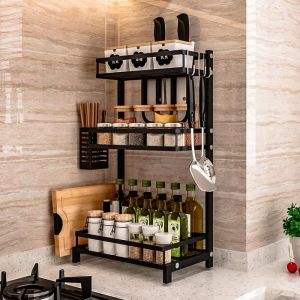 Étagère à épices à 3 niveaux robuste et durable - WISS - Cuisine - Métal - A poser au sol - Noir