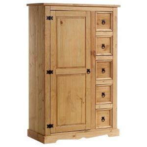 Buffet salle &agrave; manger apothicaire TEQUILA L 95 cm en bois massif coloris naturel avec 1 porte battante et 5 tiroirs