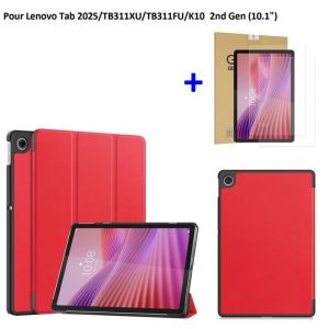 Housse Pour Lenovo Tab 2025/TB311XU/TB311FU/K10 2nd Gen Rouge Housse PU Cuir Avec Film de protection d&eacute;cran Film tremp&eacute; 2 Pack