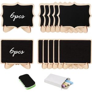 12Pcs Petite Tableau Noir Mini Ardoise Rectangle Bois Blackboard Ardoise Etiquette Marque Table Signes avec Craie Effaceur pour