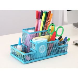 Organisateur de bureau Bleu m&eacute;tal maillage de bureau Multifonction bo&icirc;te coffret de rangement stylos maison enfant &eacute;tudiant
