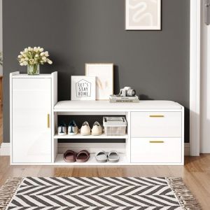 Meuble &Eacute;tag&egrave;re &Agrave; Chaussures Blanc 128x30x68cm Banc Laqu&eacute; Brillant 2 Tiroirs 1 Placard Rangement Entr&eacute;e Salon Bureau Id&eacute;al