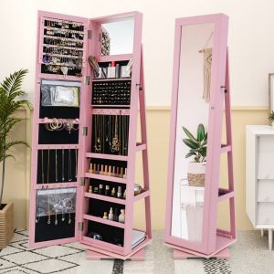 3 en 1 Armoire &agrave; Bijoux sur Pieds COSTWAY Pivotante &agrave; 360 Degr&eacute;s Grand Miroir Psych&eacute; et Etag&egrave;re de Rangement &agrave; LArri&egrave;re Rose