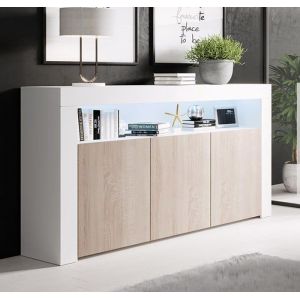 Buffet Bahut 3 portes LED  155 x 915 x 37cm  Couleur Blanc brillant et Sonoma mat  Rangement  AKER