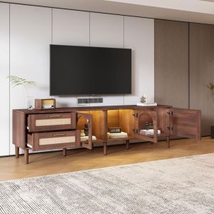 Grand Meuble TV Vintage Armoire pour télé 80 - 2 Tiroirs en Rotin - Portes en Verre bombé Eclairage LED Banc TV Marron 180 cm