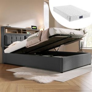 Lit coffre adulte 160x200 cm en lin avec port USB et hydraulique T&ecirc;te de lit r&eacute;glable Matelas 25 cm Degr&eacute; de duret&eacute; H3 Gris