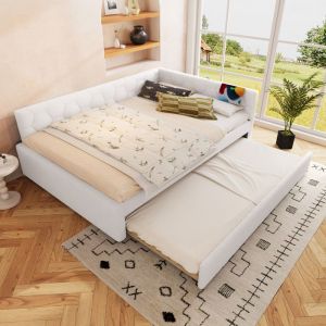 Lit banquette 140&times;200 cm avec lit gigogne sommier &agrave; lattes et ports USB Type C velours blanc Sans matelas