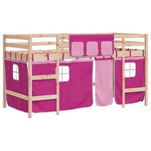 79021& Lit combin&eacute; mezzanine enfants avec rideaux - KALISSE - rose 80x200cm - L205.5x l85.5x H113.5 cm