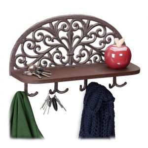 Relaxdays Porte-manteaux mural étagère tablette clés planche bois 4 crochets doubles patères HxlxP: 23x39x115 cm brun