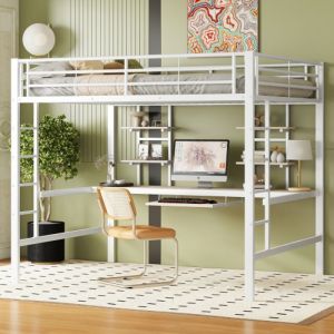 MODFU Lit mezzanine enfant en métal 140x200 cm avec bureau et 2 étagères rangements lit mezzanine ados blanc