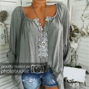 Chemisier Femme Col en V &agrave; Manches Longues en Dentelle Florale - Gris