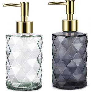 Distributeur Savon LiquideDistributeur de Savon en Verre de avec Pompe &agrave; Main 2 Pcs Liquide Rechargeable Blanc+Gris330ml