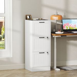Caisson bureau meuble rangement bois 3 tiroirs et serrure barres de suspension r&eacute;glables 40 x 40 x 101 cm blanc