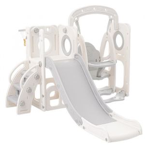 Toboggan 5 en 1 pour enfants - DRIPEX - Gris - Balançoire panier de basket marches et meuble bas