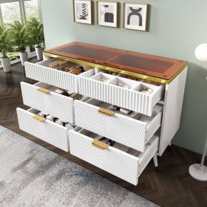 Lemonbest Commode Moderne avec 6 tiroirs poignées en métal Buffet en Verre ambré pour Salon et Chambre à Coucher 120x40x76cm Blanc
