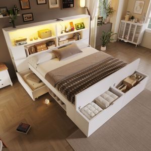 Lit 140x200 cm blanc avec rangements LED USB tiroirs &eacute;tag&egrave;res et banc coffre sommier inclus sans matelas
