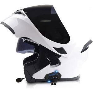 Bluetooth Casque Moto Modulable pour Homme Femme Casque de Moto Scooter avec Anti-buée Visière Blanc