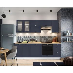 Cuisine complète linéaire 240m VICTORIA avec meuble pour four encastrable et lave vaisselle disponible en Blanc Bleu ou Gris
