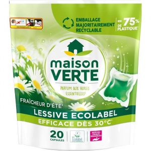 Maison Verte-Lessive Capsule-Parfum Fra&icirc;cheur dEte-Lessive D&eacute;tachante-Sp&eacute;cial Peaux Sensibles-Efficace d&egrave;s 20&deg;C-20 Lavages