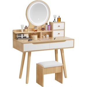 Coiffeuse ZenkiHome coiffeuse avec miroir rond et éclairage coiffeuse 80 cm avec tabouret Model D68
