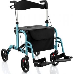 GOPLUS Déambulateurs- Fauteuil Roulant Pliable 2 en 1 Aide à la Marche en Aluminium avec 6 Hauteurs Réglables Repose-pieds Bleu