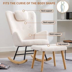 Lemonbest Fauteuil &agrave; bascule Confortable Chaise Longue avec Repose-Pieds et appui-t&ecirc;te dossier haut pieds en bois Blanc