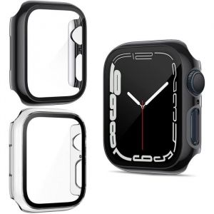 2PCS Coque Compatible avec Apple Watch S7 S8 45mm &eacute;cran Verre Tremp&eacute; HD Clair Ultra Mince Anti-Choc PC Blackview Noir+Transparent