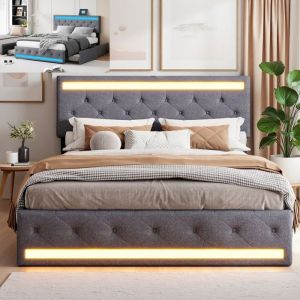 Lit Double Rembourr&eacute; 140x190 - Lit Capitonn&eacute; avec 4 Tiroirs - T&ecirc;te de lit r&eacute;glable - LED int&eacute;gr&eacute;e & USB - Gris - Scandinave Moderne