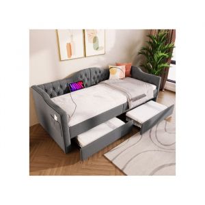 Lit simple 90x190 cm Lit coffre 1 personne Cadre de lit avec chargeur USB Type C et 2 tiroirs lin gris (matelas non inclus)