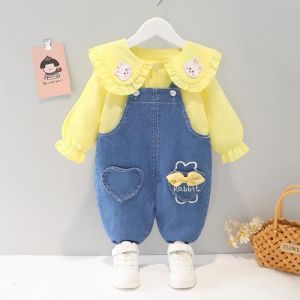 V&ecirc;tements en coton pour filles 2 pi&egrave;ces ensemble haut et pantalon en denim costume mignon &agrave; la mode printemps-automne Jaune