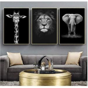 &Eacute;l&eacute;phant Z&egrave;bre Lion Girafe Rhino Noir Blanc Animal Toile Murale Art Peinture Affiche Moderne Decoration Murale 40&times;60cm&times;3 Sans Cadre