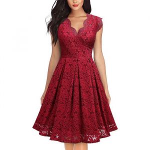 Robe de Soirée Femme Dentelle Sans Manches Col en V Robe Robe de Demoiselle dhonneur Mi-longue Couleur Unie - Bordeaux