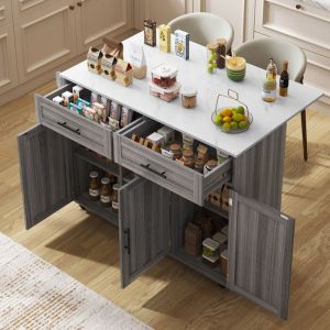 Desserte Îlot de Cuisine sur 5 Roulettes - Chariot de Cuisine avec 2 Tiroirs et 3 Portes Plan de Travail Pliable Buffet - Gris