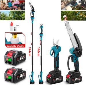 Tron&ccedil;onneuse Elagueuse &eacute;lectrique sur perche 8 pouce + S&eacute;cateur pour branches hautes - ONEVAN - 2X 3000mAh Batteries