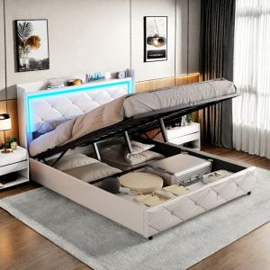 Lit coffre double - TANANT - 160x200 cm - LED int&eacute;gr&eacute;e - Rangement pratique - Cuir PU blanc