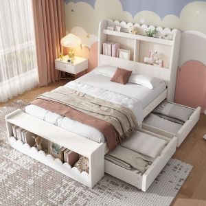 Lit avec rangement lit enfant 90 x 190cm avec tiroirs &eacute;tag&egrave;re et banc de rangement inclus sans matelas Blanc