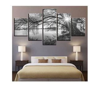 Toile Tableaux 5 Parties Lakeside Grand Arbre Peintures Noir Blanc Paysage D&eacute;cor Le Salon Mur Art Affiche Toile Photo sans Cadre