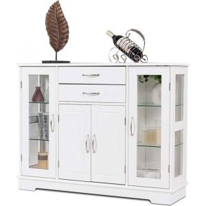 GOPLUS Buffet de Cuisine 107x30x82CM avec Portes/Tiroirs/Etagères RéglablesVitre en Verre TrempéCommode Meuble de RangementBlanc