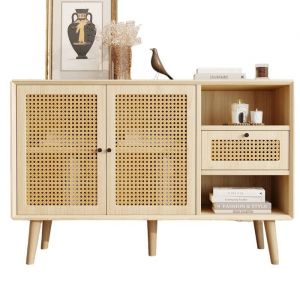 Buffet Meuble de Rangement avec 1 Tiroirs et 2 PortesTressage en Rotin sur Les Fa&ccedil;ades de la PortePieds en Bois