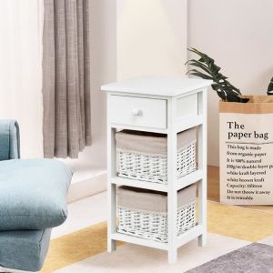 GIANTEX Table de Chevet en Bois avec 1 Tiroir+2 Paniers Détachables en OsierTable de Nuit Table d’Appoint Scandinave ChambreBlanc