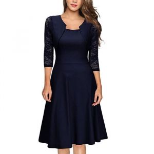 Robe De Soirée Dentelle Femme Manches 3-4 Mi-Longue Jointif Robe Cocktail Elegant Pour Cérémonie Mariage - Bleu Marine