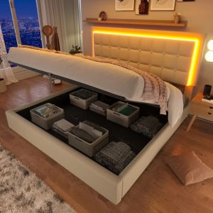 Lit coffre - 180x200 cm - &Eacute;clairage LED - Rangement int&eacute;gr&eacute; - Cuir synth&eacute;tique blanc